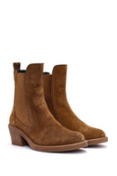 Women's Mink Thick Heel Suede Leather Cowboy Boots | Derimod Women's Mink Thick Heel Suede Leather Cowboy Boots | Derimod