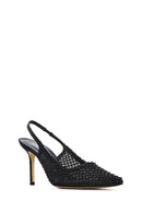 Women's Black Stoned Open Back Thin Heeled Leather Shoes | Derimod Women's Black Stoned Open Back Thin Heeled Leather Shoes | Derimod