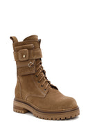 Women's Brown Zippered Suede Leather Combat Boots | Derimod Women's Brown Zippered Suede Leather Combat Boots | Derimod