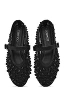 Women's Black Buckled Stoned Fishnet Ballerinas | Derimod Women's Black Buckled Stoned Fishnet Ballerinas | Derimod