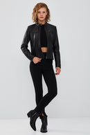 Marlyn Women's Black Short Leather Jacket | Derimod Marlyn Women's Black Short Leather Jacket | Derimod