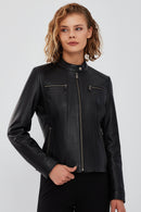 Marlyn Women's Black Short Leather Jacket | Derimod Marlyn Women's Black Short Leather Jacket | Derimod