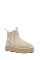 Woman Beige Thick-Soled Teddy Suede Leather Boat | Derimod Woman Beige Thick-Soled Teddy Suede Leather Boat | Derimod