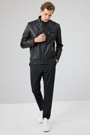 Tony Men's Black Mandarin Collar Short Leather Jacket | Derimod Tony Men's Black Mandarin Collar Short Leather Jacket | Derimod