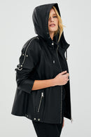 Judith Women's Black Hooded Leather Coat | Derimod Judith Women's Black Hooded Leather Coat | Derimod
