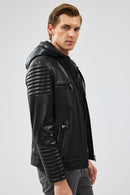 Lyon Men's Black Hooded Leather Jacket | Derimod Lyon Men's Black Hooded Leather Jacket | Derimod