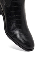 Women's Black Croco Patterned Short Thick Heel Leather Chelsea Boot | Derimod Women's Black Croco Patterned Short Thick Heel Leather Chelsea Boot | Derimod