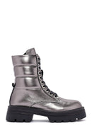 Women's Grey Zippered Metallic Leather Combat Boots | Derimod Women's Grey Zippered Metallic Leather Combat Boots | Derimod