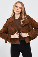 Tracy Women's Brown Short Suede Leather Coat | Derimod Tracy Women's Brown Short Suede Leather Coat | Derimod