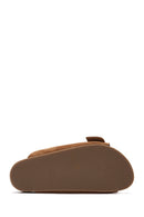 Women's Tan Double Buckle Suede Leather Slippers | Derimod Women's Tan Double Buckle Suede Leather Slippers | Derimod