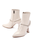 Women's Beige Leather Zippered Chain Heeled Classic Boots | Derimod Women's Beige Leather Zippered Chain Heeled Classic Boots | Derimod