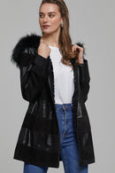Dalia Women's Black Hooded Leather Coat | Derimod Dalia Women's Black Hooded Leather Coat | Derimod