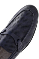 Men's Navy Blue Leather Printed Classic Loafer | Derimod Men's Navy Blue Leather Printed Classic Loafer | Derimod