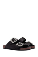 Women's Black Stoned Leather Slippers | Derimod Women's Black Stoned Leather Slippers | Derimod