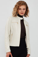 Marlyn Women's Beige Short Leather Jacket | Derimod Marlyn Women's Beige Short Leather Jacket | Derimod
