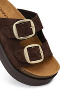 Women's Brown Double Buckle Thick Sole Suede Leather Slippers | Derimod Women's Brown Double Buckle Thick Sole Suede Leather Slippers | Derimod