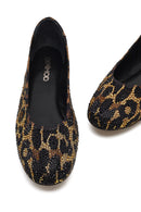 Women's Leopard Patterned Jeweled Leather Ballet Flat | Derimod Women's Leopard Patterned Jeweled Leather Ballet Flat | Derimod