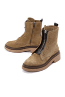Women's Brown Suede Leather Zippered Flat Boots | Derimod Women's Brown Suede Leather Zippered Flat Boots | Derimod