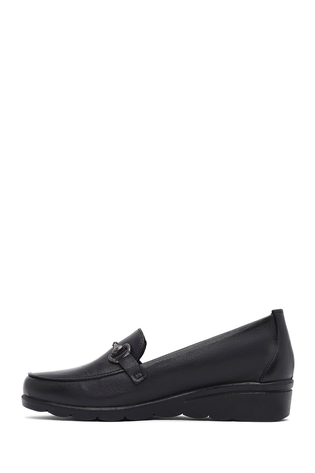 Kadın Siyah Tokalı Dolgu Topuklu Deri Loafer