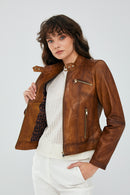 Kylie Women's Camel Short Leather Jacket | Derimod Kylie Women's Camel Short Leather Jacket | Derimod