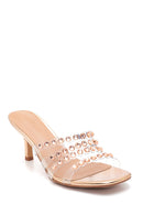 Women's Pink Gold Transparent Stone Heeled Slippers | Derimod Women's Pink Gold Transparent Stone Heeled Slippers | Derimod