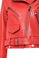 Newage Women's Red Slim-Fit Biker Leather Jacket | Derimod Newage Women's Red Slim-Fit Biker Leather Jacket | Derimod