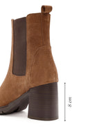 Women's Tan Thick Heeled Suede Leather Chelsea Boots | Derimod Women's Tan Thick Heeled Suede Leather Chelsea Boots | Derimod