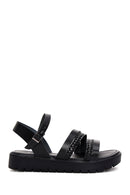 Women's Black Thick Soled Knitted Detailed Leather Bodrum Sandals | Derimod Women's Black Thick Soled Knitted Detailed Leather Bodrum Sandals | Derimod