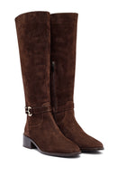 Woman Brown Zippered Low Heel Suede Leather Boot | Derimod Woman Brown Zippered Low Heel Suede Leather Boot | Derimod