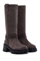 Women's Mink Short Heeled Suede Leather Boots | Derimod Women's Mink Short Heeled Suede Leather Boots | Derimod