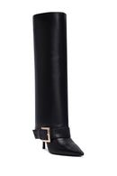 Women's Black Buckled Thin Heeled Leather Boot | Derimod Women's Black Buckled Thin Heeled Leather Boot | Derimod