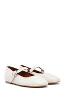 Women's White Buckled Leather Ballerinas | Derimod Women's White Buckled Leather Ballerinas | Derimod