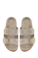 Women's Beige Buckle Suede Leather Slippers | Derimod Women's Beige Buckle Suede Leather Slippers | Derimod