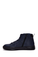 Men's Navy Blue Leather High Top Sneaker | Derimod Men's Navy Blue Leather High Top Sneaker | Derimod