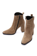 Women's Brown Suede Leather Heeled Boots | Derimod Women's Brown Suede Leather Heeled Boots | Derimod