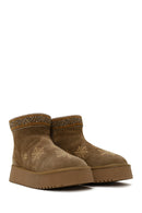 Woman Taba Patterned Suede Teddy Boots | Derimod Woman Taba Patterned Suede Teddy Boots | Derimod
