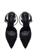 Woman Black Ankle-Buckle Floral Embroidered Open-Back Thin High Heel | Derimod Woman Black Ankle-Buckle Floral Embroidered Open-Back Thin High Heel | Derimod