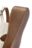Women's Cream Ankle Strap Printed Wedge Heel Leather Comfort Sandals | Derimod Women's Cream Ankle Strap Printed Wedge Heel Leather Comfort Sandals | Derimod
