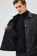 Enzo Men's Black Shirt Collar Leather Jacket | Derimod Enzo Men's Black Shirt Collar Leather Jacket | Derimod