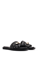 Women's Black Knit Leather Slippers | Derimod Women's Black Knit Leather Slippers | Derimod
