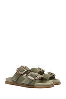 Women's Green Double Buckled Suede Leather Slippers | Derimod Women's Green Double Buckled Suede Leather Slippers | Derimod