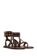 Woman Brown Embellished Toe-Post Suede Leather Sandals | Derimod Woman Brown Embellished Toe-Post Suede Leather Sandals | Derimod