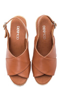 Women's Tan Leather Wedge Heel Espadrille | Derimod Women's Tan Leather Wedge Heel Espadrille | Derimod