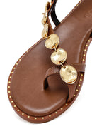 Women's Brown Metal Detailed Flip-Flop Leather Sandals | Derimod Women's Brown Metal Detailed Flip-Flop Leather Sandals | Derimod
