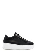 Women's Black Stone Laced Thick Soled Leather Sneakers | Derimod Women's Black Stone Laced Thick Soled Leather Sneakers | Derimod
