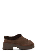 Woman Camel Thick-Soled Stone-Embellished Suede Teddy Slipper | Derimod Woman Camel Thick-Soled Stone-Embellished Suede Teddy Slipper | Derimod