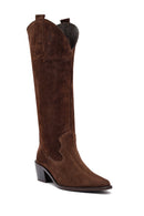 Woman Brown Chunky Heel Suede Leather Cowboy Boots | Derimod Woman Brown Chunky Heel Suede Leather Cowboy Boots | Derimod