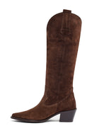 Woman Brown Chunky Heel Suede Leather Cowboy Boots | Derimod Woman Brown Chunky Heel Suede Leather Cowboy Boots | Derimod