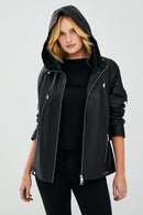 Judith Women's Black Hooded Leather Coat | Derimod Judith Women's Black Hooded Leather Coat | Derimod