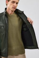 Wade Men's Khaki Slim-Fit Leather Coat | Derimod Wade Men's Khaki Slim-Fit Leather Coat | Derimod